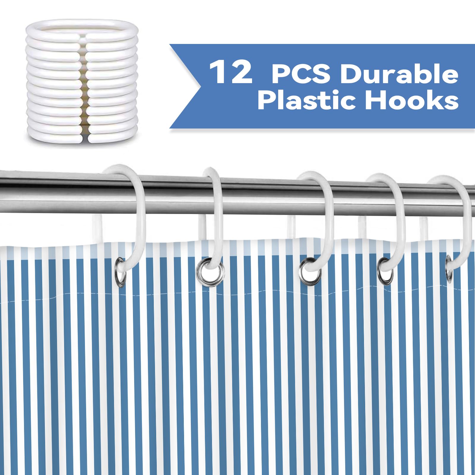 Hopomoon Blue and White Striped Shower Curtain,Vintage Blue Vertical Striped Geometric Waterproof Polyester Fabric Bath Curtain with 12 Hooks 72 x 72
