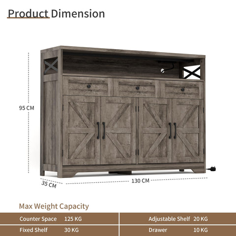 BonVache Sideboards Cabinet with Power Outlets,Wooden Storage Sideboard with Adjustable Shelf,3 Drawers and Open Shelf,Buffet Cupboard for Living