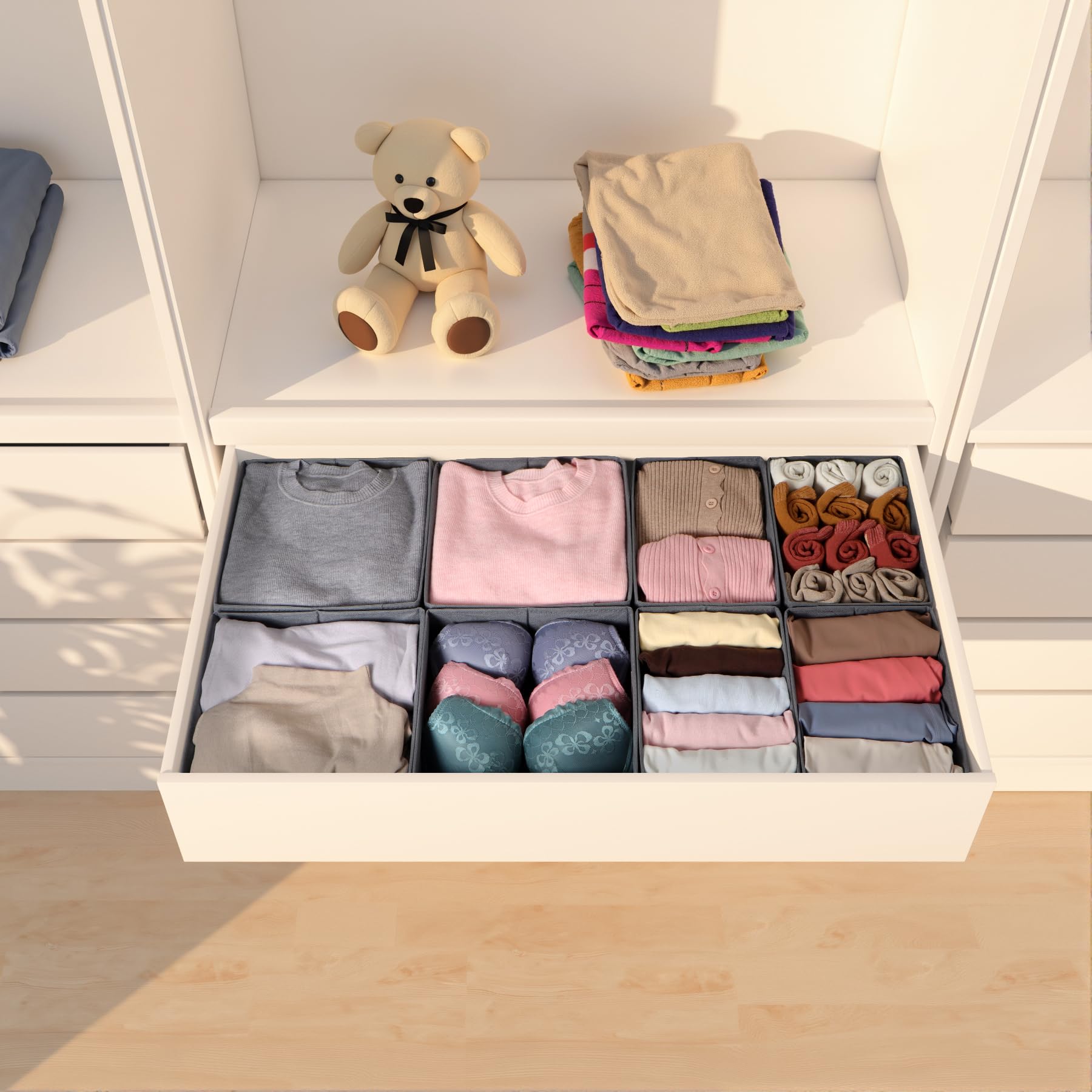 ORLISA 8-Pack Clothes Drawer Organisers, Foldable Wardrobe Storage Organiser, in 2 Sizes with Sturdy Base, Fabric Drawer Dividers for Underwear