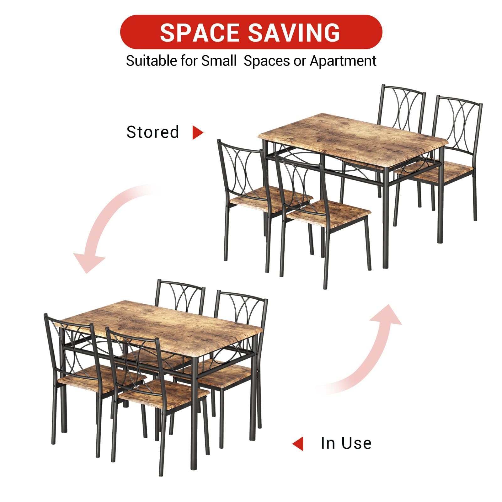 Dining Table and 4 Chairs Set, 5-Piece Kitchen Table Set with Heavy Duty Metal Frame, Space Saving Furniture for Small Dining Room, Apartment