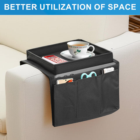 Eulihent Sofa Arm Tray Armchair Tray Organiser Waterproof Non-Slip Sofa Arm Table with 4 Bags for Drinks,Phone,TV Remote Control, Magazine