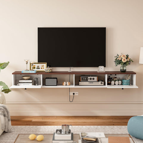 FloatiCasa 140cm Walnut & White Floating TV Unit, 2 Doors & 2 Open Cabinets