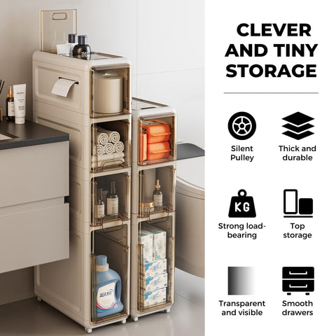 MAGIC SELECT Narrow Bathroom Organizer. Auxiliary Storage Furniture with Wheels for Narrow Places. Compact 4-Drawer Side Cabinet for Toilet Paper