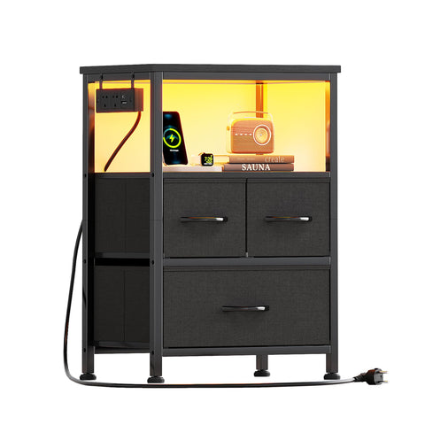 Flrrtenv Bedside Table with Charging Station, 3 Drawers Bedside Cabinet for Bedroom, LED Nightstand with Storage Shelf