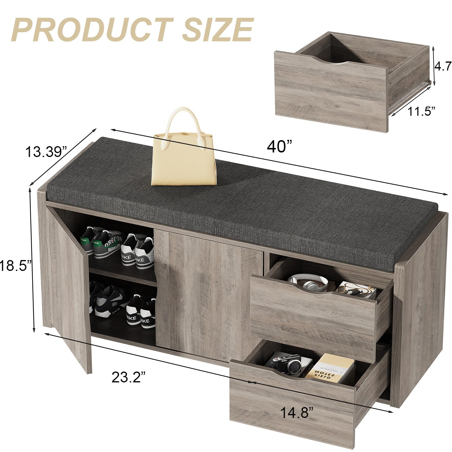 LVB 2-Tier Storage Bench with Padded Cushion, Entryway Shoe Bench with 2 Drawers, 2 Barn Doors & Adjustable Shelf, Industrial Style for Foyer