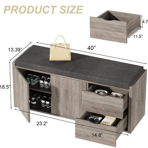 LVB 2-Tier Storage Bench with Padded Cushion, Entryway Shoe Bench with 2 Drawers, 2 Barn Doors & Adjustable Shelf, Industrial Style for Foyer