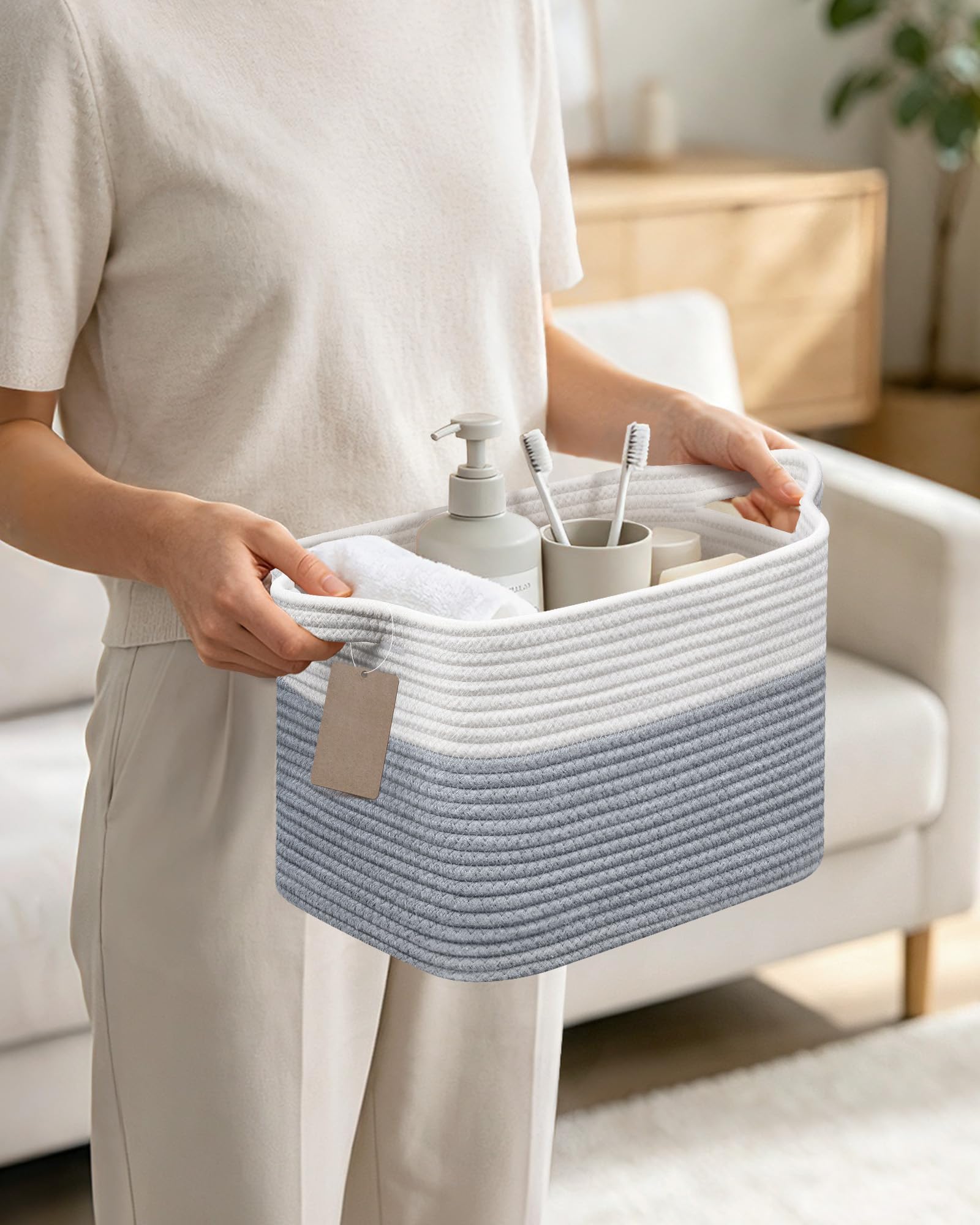 JOJOSEE Small Cotton Rope Woven Storage Basket for Shelves, White&Grey