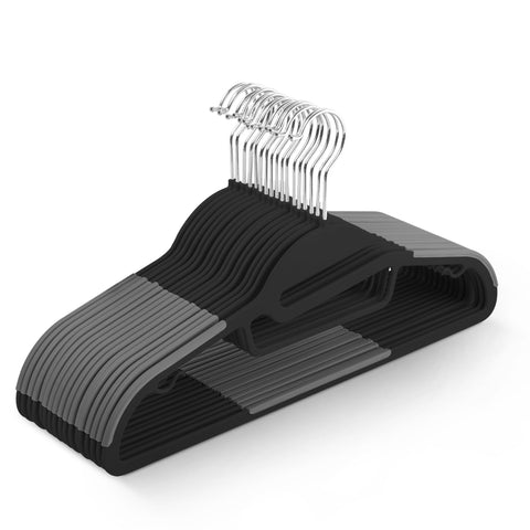 KEPLIN 20-Pack Non-Slip Hangers – Durable, Slimline Design for Space Saving with 360° Swivel, Tie Organiser, Strap Hooks, and S-Shape Opening (Black)