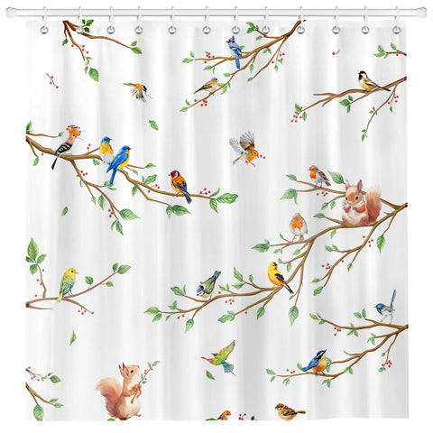 Arquiel Bird Branch Shower Curtain Sets, Waterproof Polyester Squirrel Fabric Shower Curtains with 12 Hooks for Bathroom Home Decoration