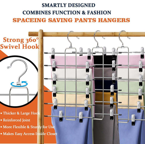 ABCHCHS Pants Hangers with Clips - Space Saving Hanging Closet Organizer and Storage - 6 Tiers Skirt Hangers with 360° Swivel Hook