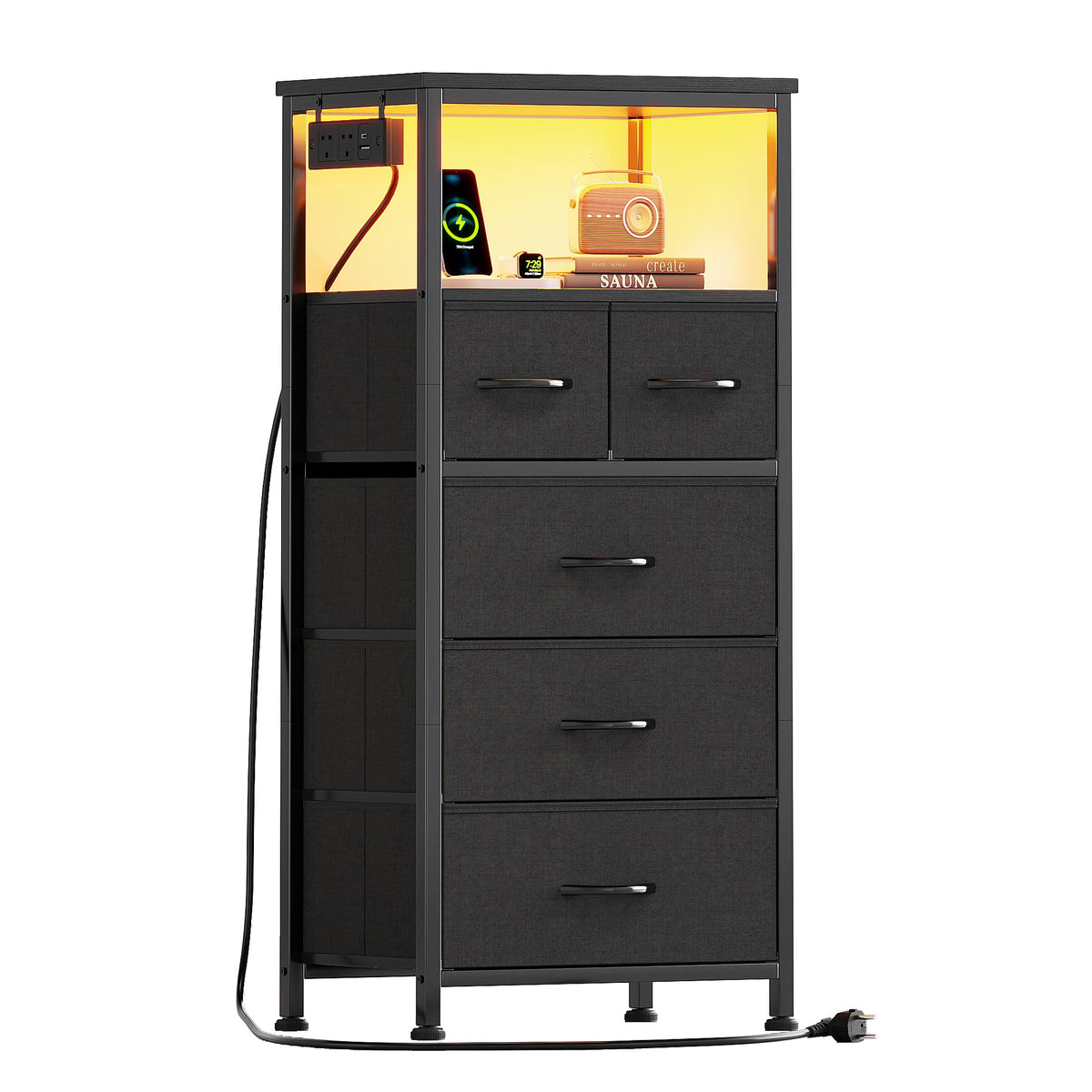 Flrrtenv Chest of Drawers, Bedside Table Cabinet with LED Light and Charging Station, Nightstand with 5 Fabric Drawers