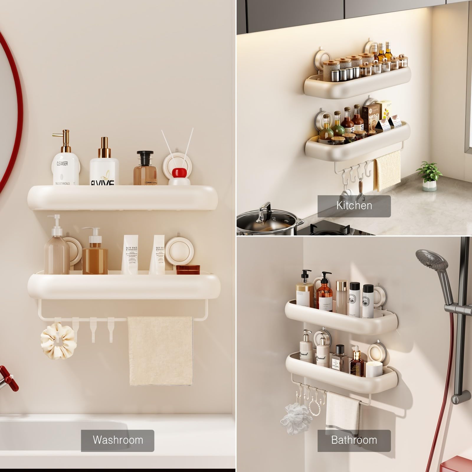 Voldra Shower Caddy Suction Cup, Arc Adhesive Bathroom Shelves Shower Storage Wall Mounted Bathroom Caddy Stick on Shower Organiser Rack With 4