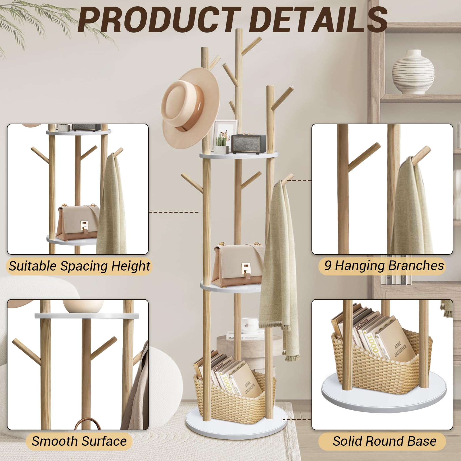 SUNDOY 165CM Wooden Coat Rack Freestanding with 3 Shelves & 9 Hooks, Hall Tree Stand for Entryway, Bedroom, Hallway & Living Room