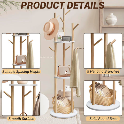 SUNDOY 165CM Wooden Coat Rack Freestanding with 3 Shelves & 9 Hooks, Hall Tree Stand for Entryway, Bedroom, Hallway & Living Room