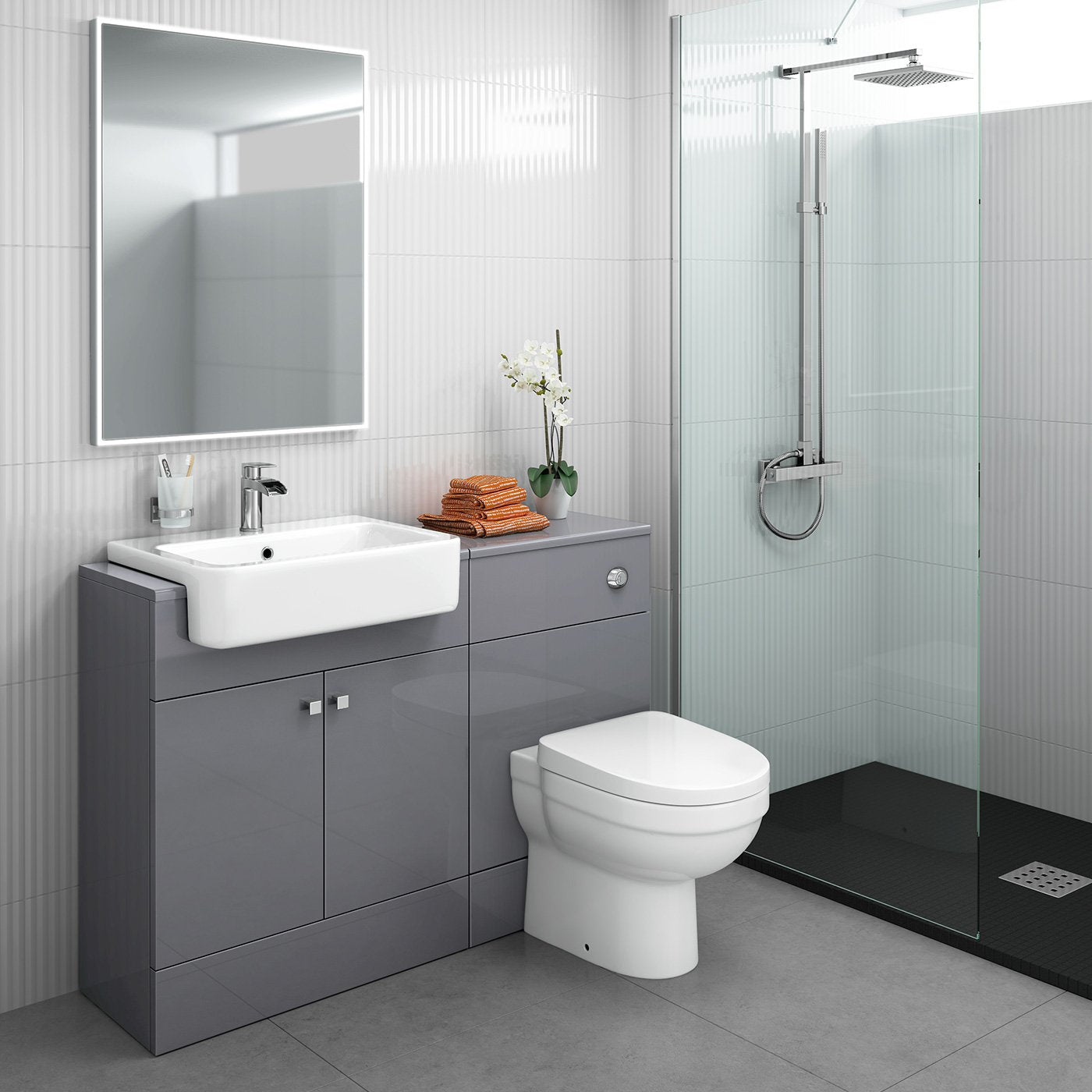 iBathUK 500mm Gloss Grey White Harper Back to Wall Toilet Cupboard Unit- Grey (Flat Pack)