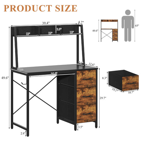 Feonase Industrial-Style Computer Desk with 3-Tier Wall-Mounted Shelf & 3 Fabric Drawers – MDF Desktop for Home Office, Study & Organization, Balck