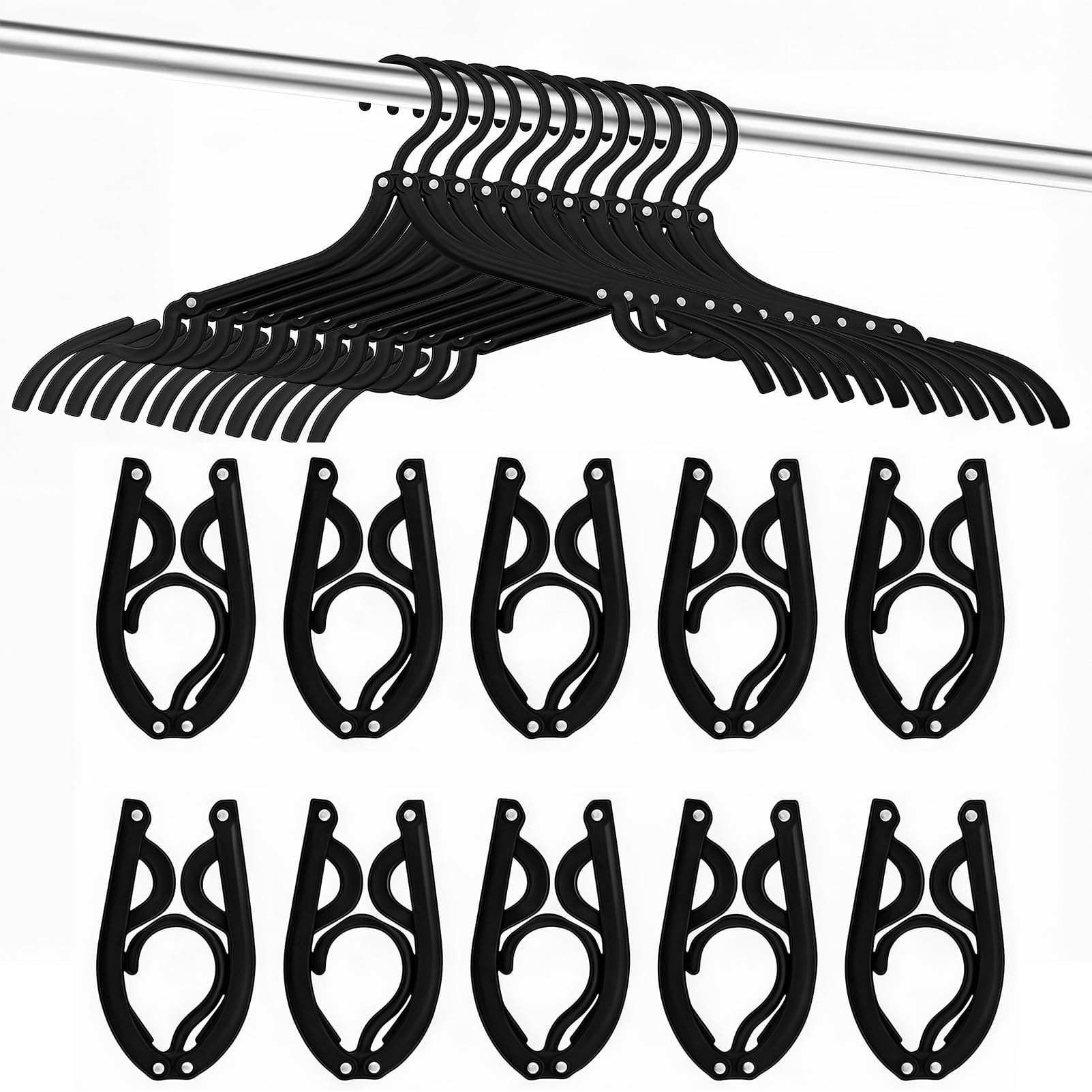 10 Pack Black Foldable Travel Hangers, PP Plastic Lightweight Clothes Hangers, Compact Portable Travel Coat Hooks for Space Saving Storage