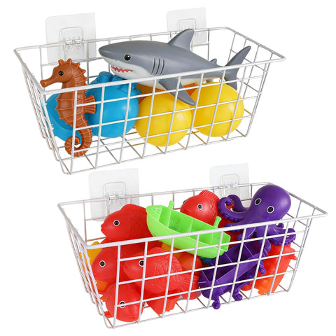 YEXEXINM 2 Pack Metal Storage Organizer, Hanging Mesh Shower Caddy with Adhesive Hooks for Bathtub, Large Bath Toy Holder for Storing Bath Toy