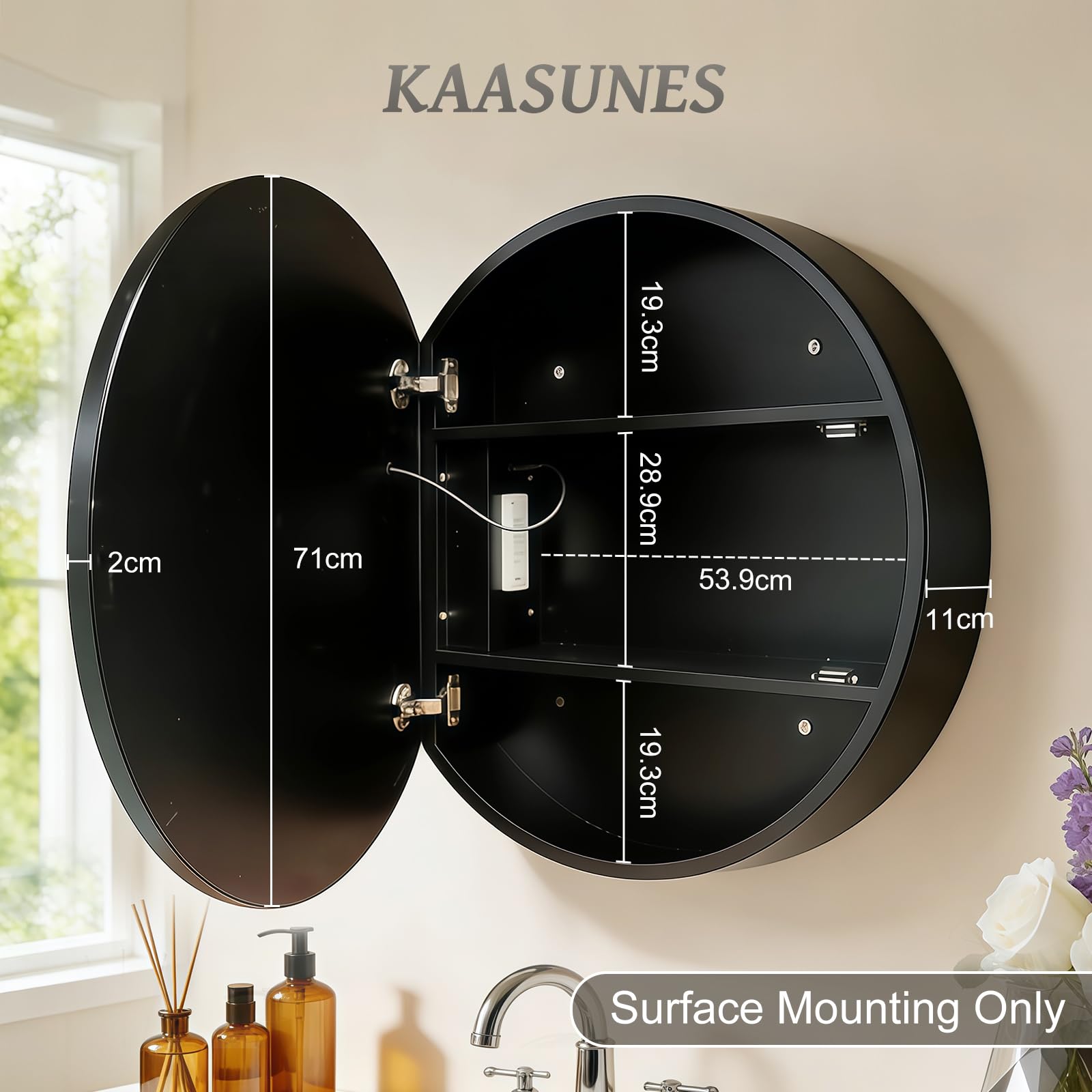 KAASUNES Round Mirror Cabinet with Light,Aluminum Framed,3 Colors Temperature&Dimmer,USB Shaver Socket,Defogger,71cm,black
