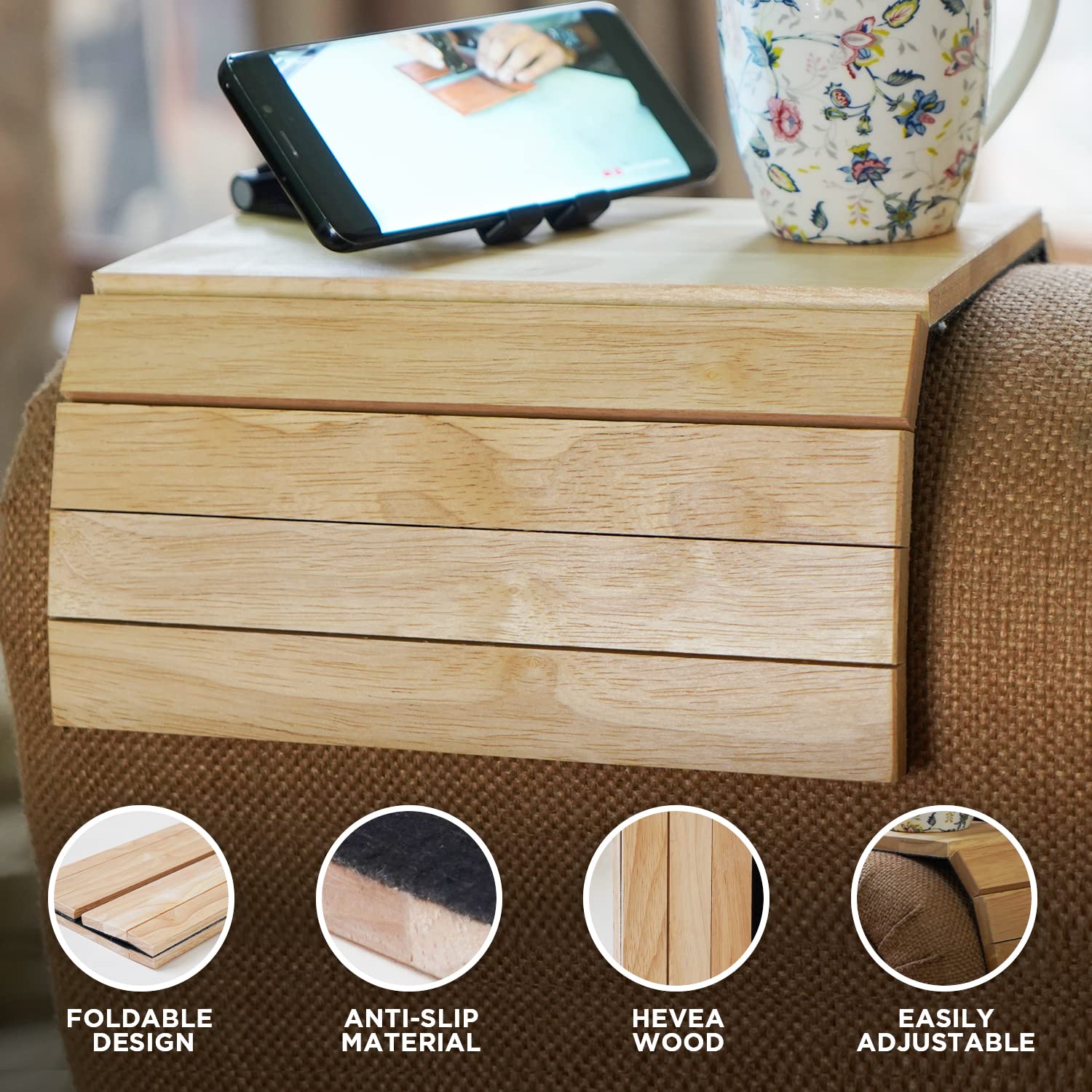 Sofa Arm Tray, Pack of 2 Foldable Couch Tray Wooden Armrest Tray, Sofa Tray & Organiser for Drinks, Snack, Magazine, and Remote (Hevea wood)