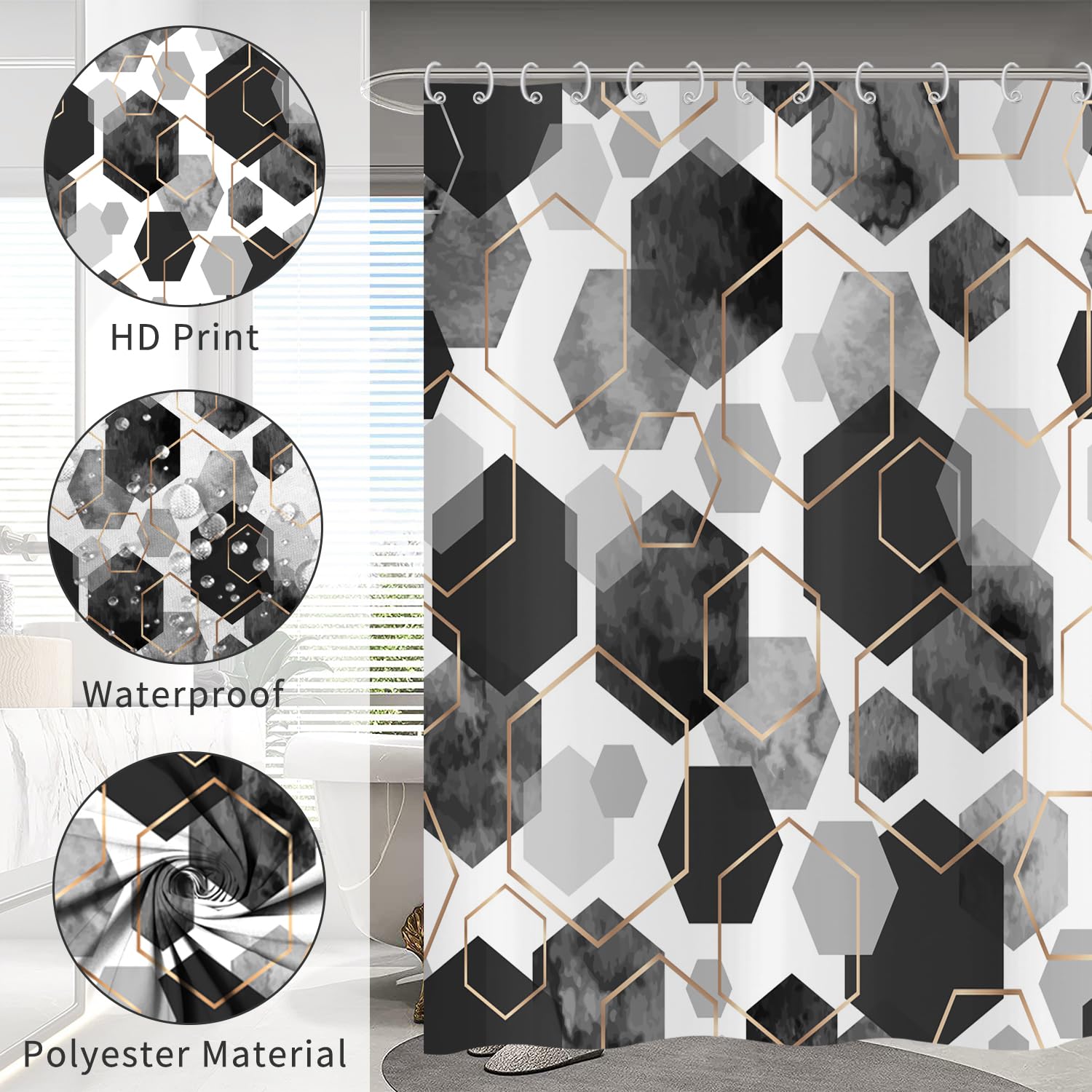 Hnmdmyi Black Shower Curtain 180x200, Modern Geometric Hexagon Abstract Art Bathroom Curtains Waterproof Polyester Fabric Washable Bath Curtains with