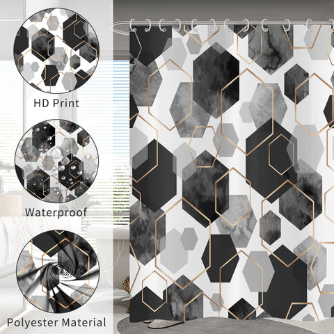 Hnmdmyi Black Shower Curtain 180x200, Modern Geometric Hexagon Abstract Art Bathroom Curtains Waterproof Polyester Fabric Washable Bath Curtains with