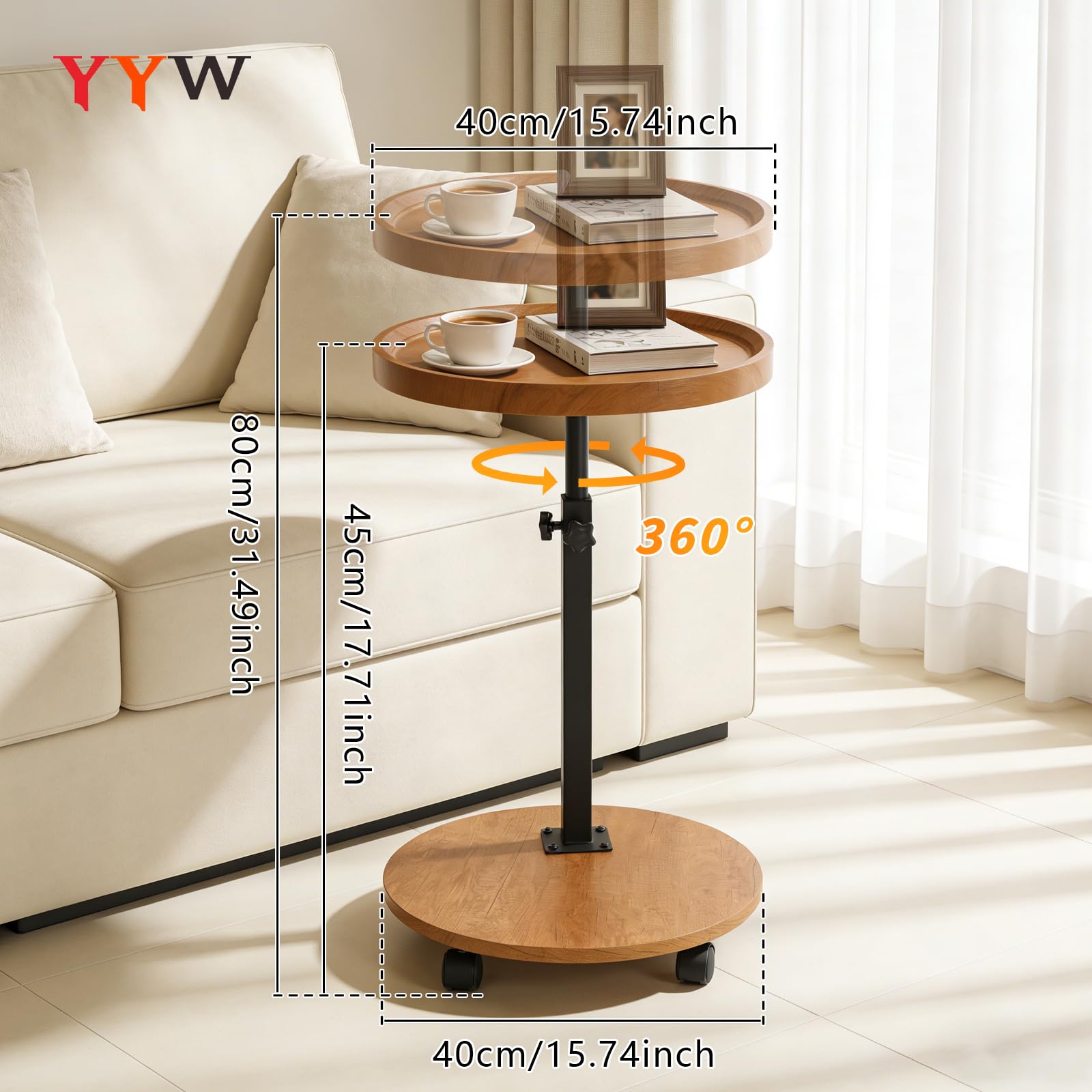 YYW C Shaped End Table Adjustable Height, Couch Tables That Slide Under for Small Spaces, 360°Swivel TV Tray Table