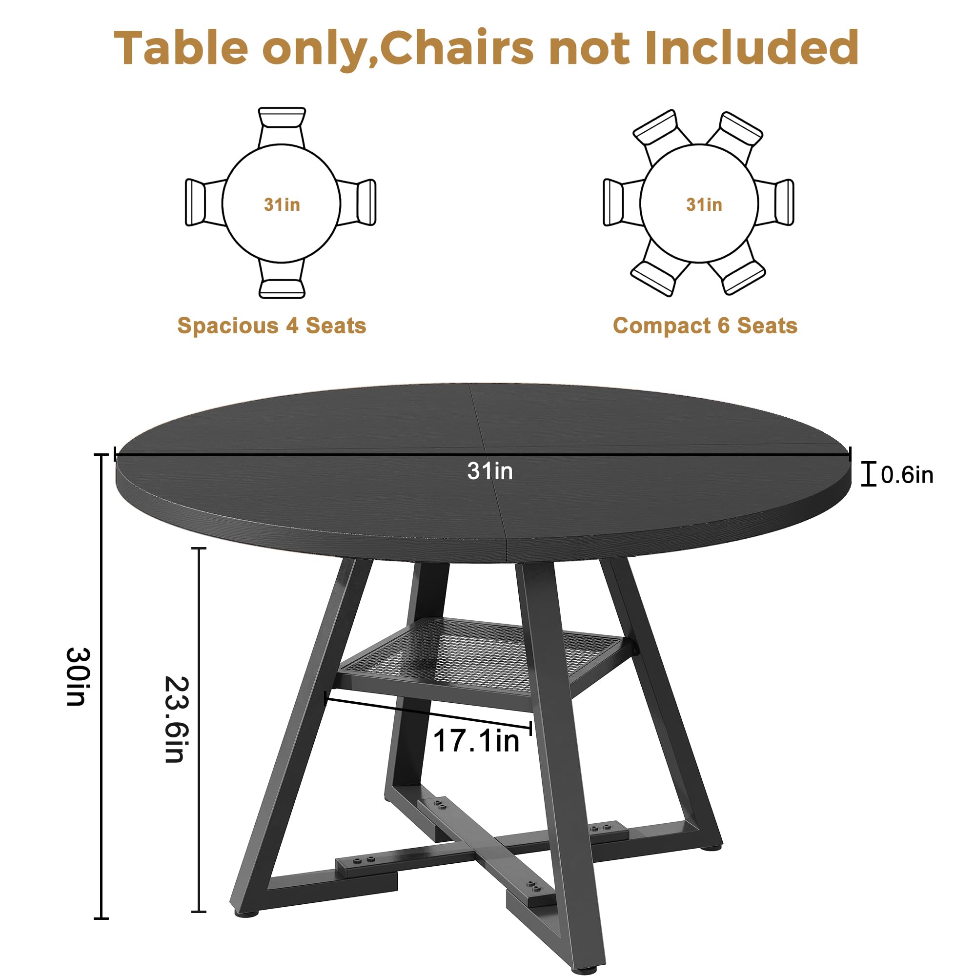 Jocoevol Round Dining Table for 2 People, Circle Dinner Table with Shelves, Space Saving Wood Kitchen & Dining Room Furniture (Black, 31 inch