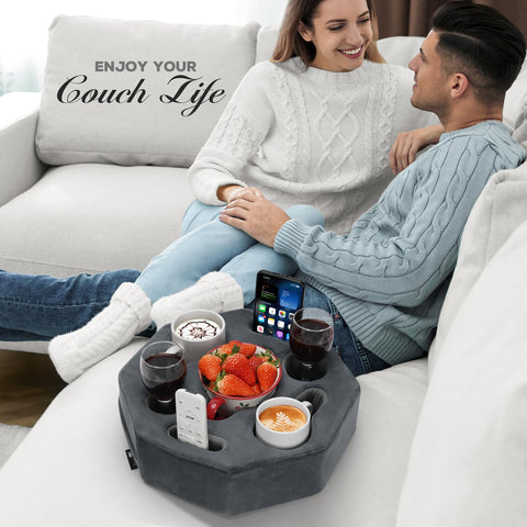 Couch Cup Holder Pillow,Couch Drink Holder,Octagon Couch Caddy for Coffee Cup,Phone,Remote,Couch Cup Holder Tray for Bed,Car,Sofa,Table (Grey)
