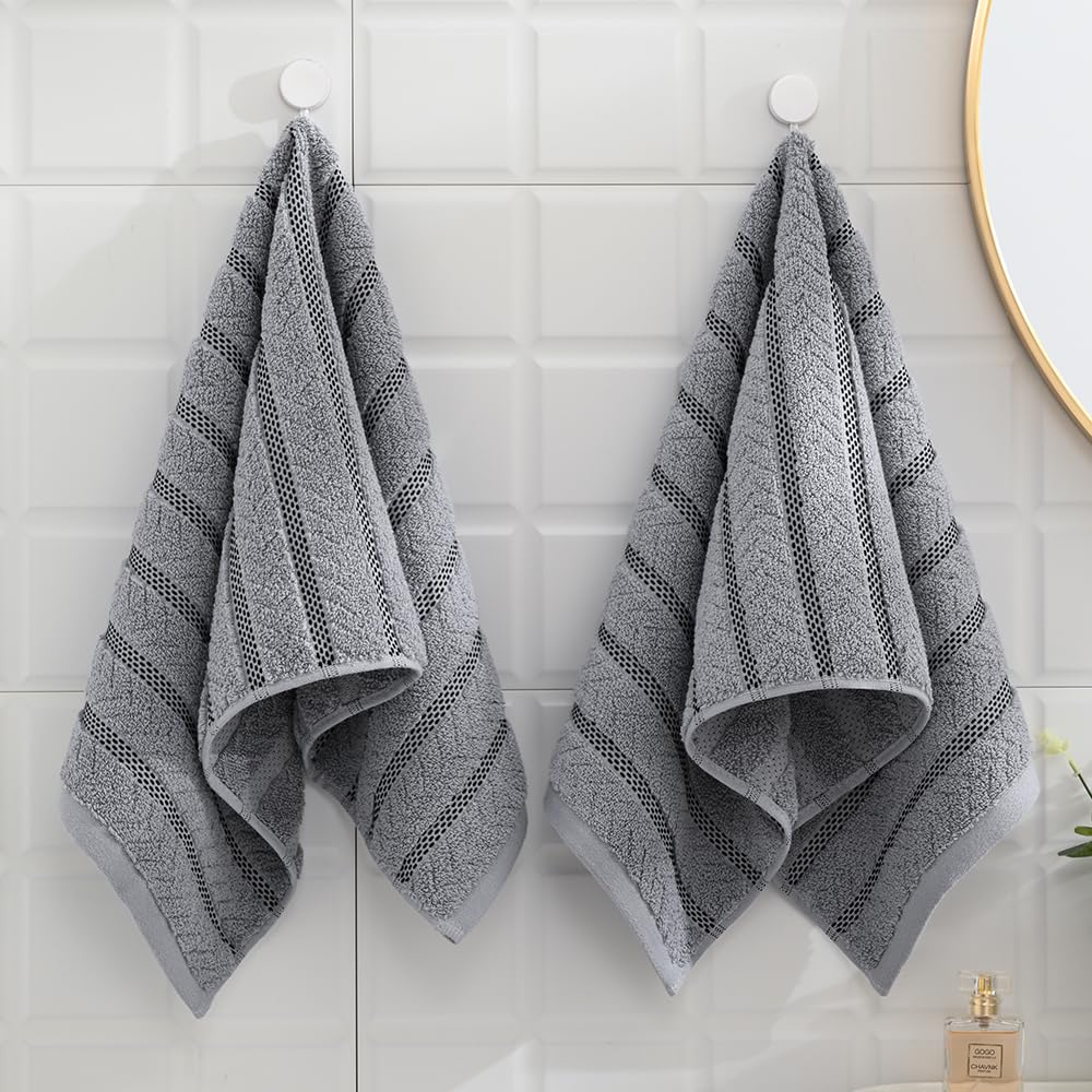 sense gnosis Light Grey Jacquard Ribbed Striped Decorative Hand Towel Luxury Soft Absorbent 100% Cotton Bathroom 2 PC Hand Towel Set 13 x 29 Inch