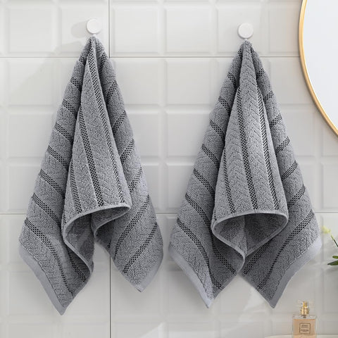 sense gnosis Light Grey Jacquard Ribbed Striped Decorative Hand Towel Luxury Soft Absorbent 100% Cotton Bathroom 2 PC Hand Towel Set 13 x 29 Inch