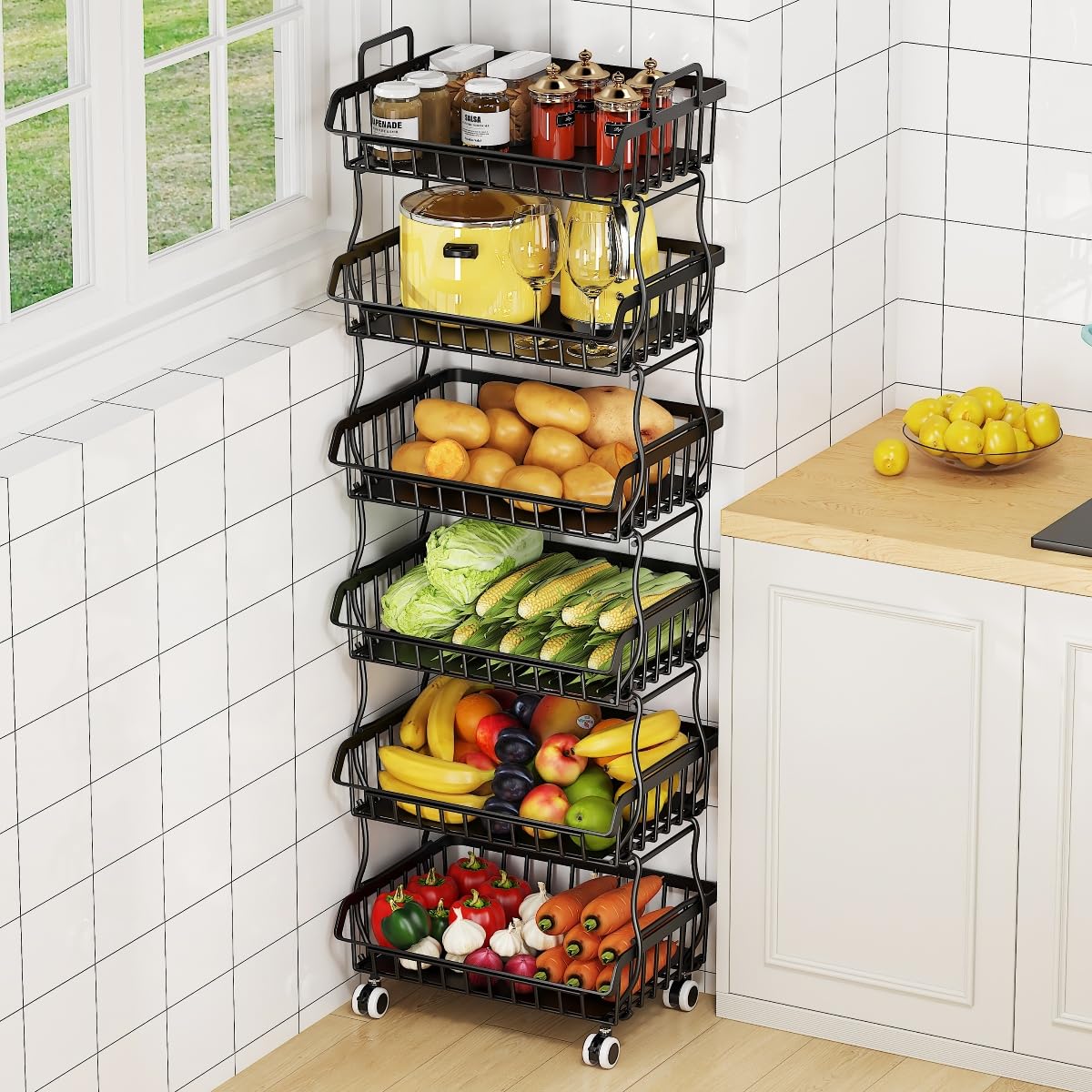 Rolling Metal Wire Basket Storage Cart with Top Handle and Wheels, Heavy Duty Stackable Organizer, Can Seperated to Use for Kitchen, Bathroom, Bedroom