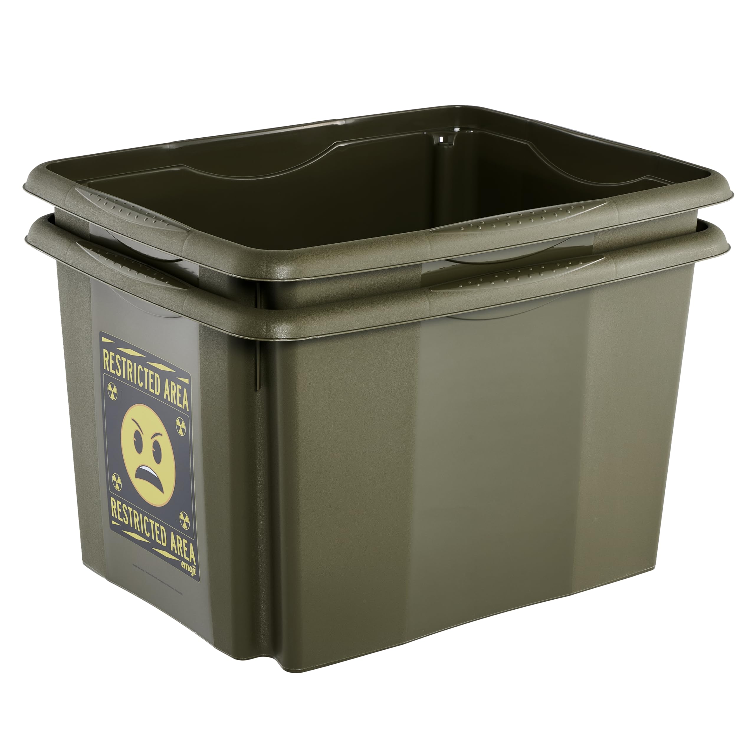 keeeper karolina storage box with lid, 30 l, stackable and nestable, Emoji Danger design, for children, olive green (olive)