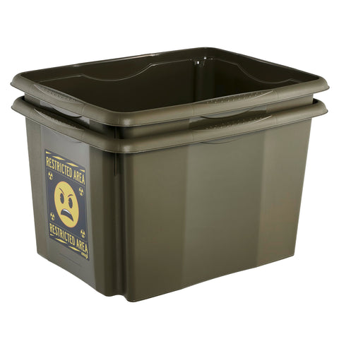 keeeper karolina storage box with lid, 30 l, stackable and nestable, Emoji Danger design, for children, olive green (olive)