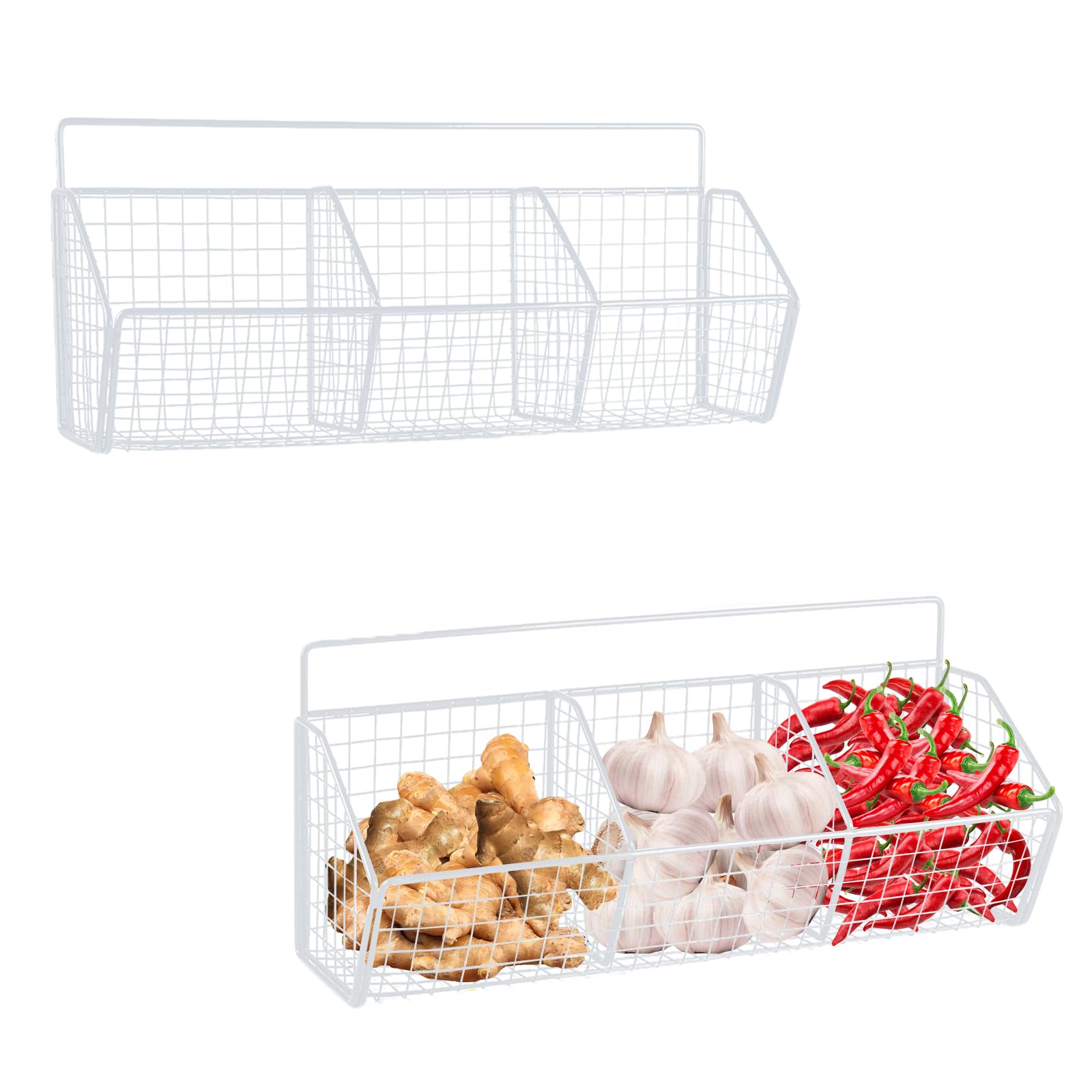 Gzsekken Wall-Mounted Hanging Kitchen Storage Baskets,Metal Storage Baskets with 3 Sections Wire Shelf No Drilling Adhesive Storage Basket Organiser