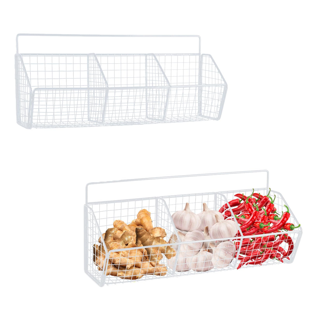 Gzsekken Wall-Mounted Hanging Kitchen Storage Baskets,Metal Storage Baskets with 3 Sections Wire Shelf No Drilling Adhesive Storage Basket Organiser