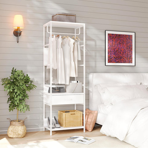 VOWNER Slim Hall Tree Entryway Coat Rack Bench Drawer White Hanging Rod