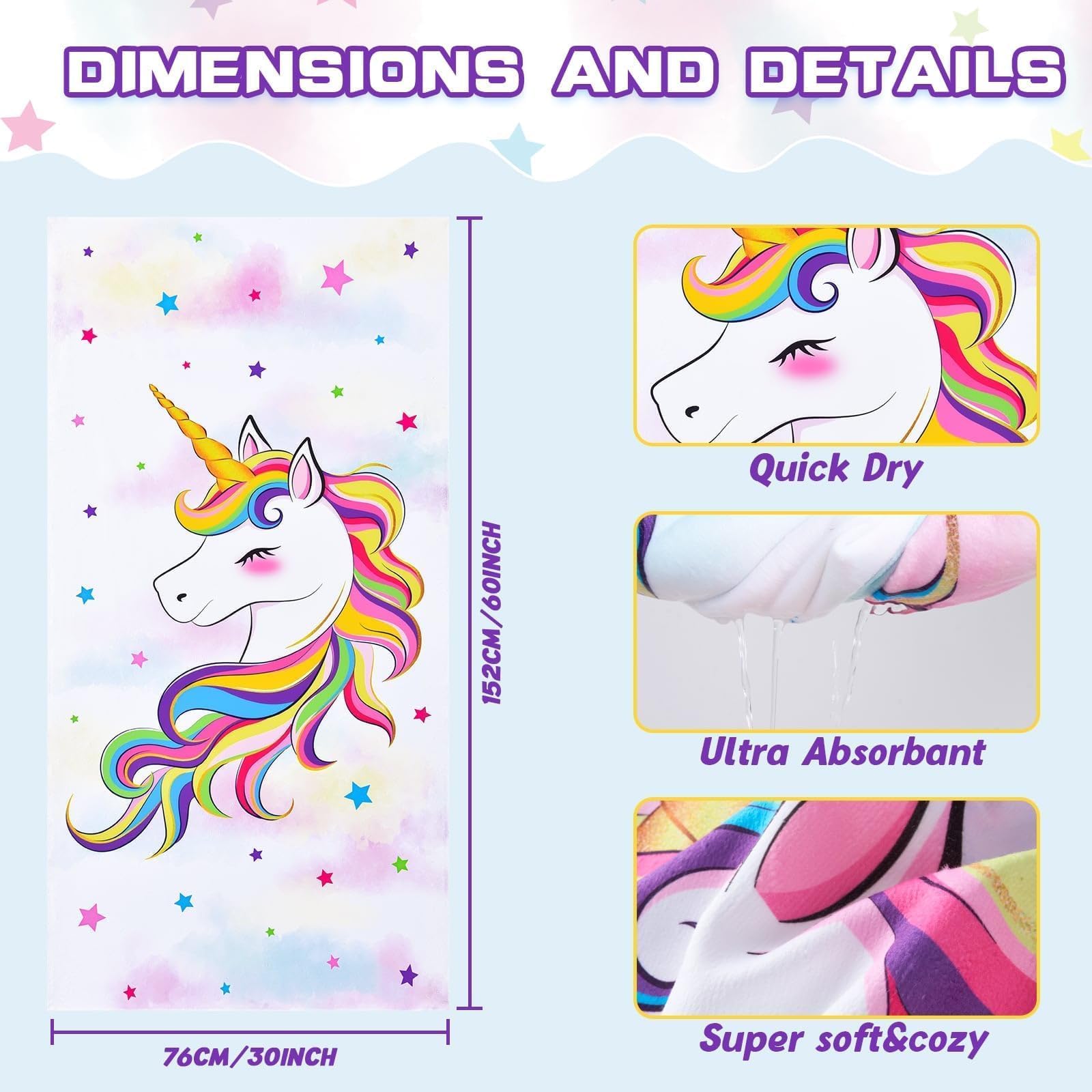 WERNNSAI Unicorn Microfibre Beach Towel for Kids, 76 x 150cm Bath Towel
