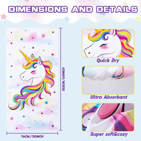 WERNNSAI Unicorn Microfibre Beach Towel for Kids, 76 x 150cm Bath Towel