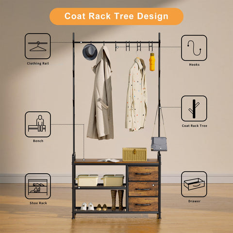 Free Standing Coat Rack Rustic Hall Tree Bench 33"x12"x69.3" Rustic Brown