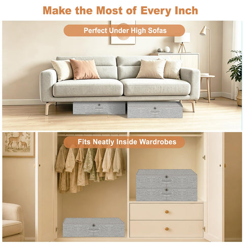 17 cm Tall Underbed Storage Boxes with Lids, 50L Foldable Under Bed & Sofa Storage with Rigid Sides, Base & 3 Sturdy Handles