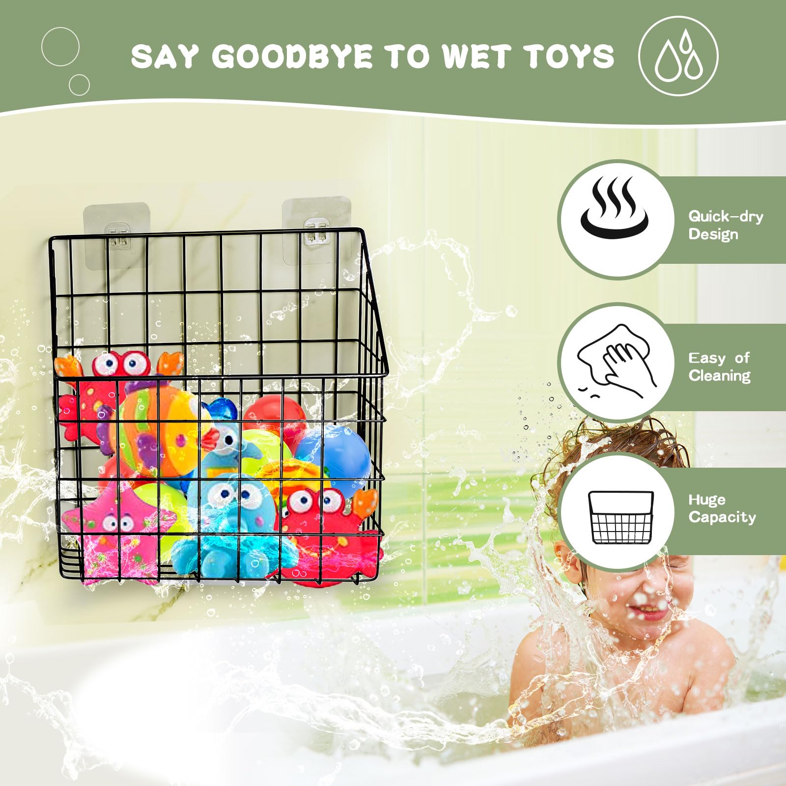 2 Pack Bath Toy Storage Organizer Basket, Large Metal Bathtub Shower Organizer, Wall Mounted Hanging Shower Basket