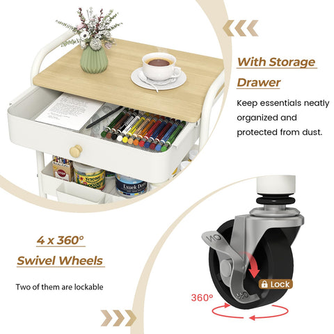 danpinera 3 Tier Rolling Cart, Metal Utility Cart with Wooden Table Top & Drawer, Rolling Carts, Storage Cart with Hanging Cups for Kitchen, Bathroom
