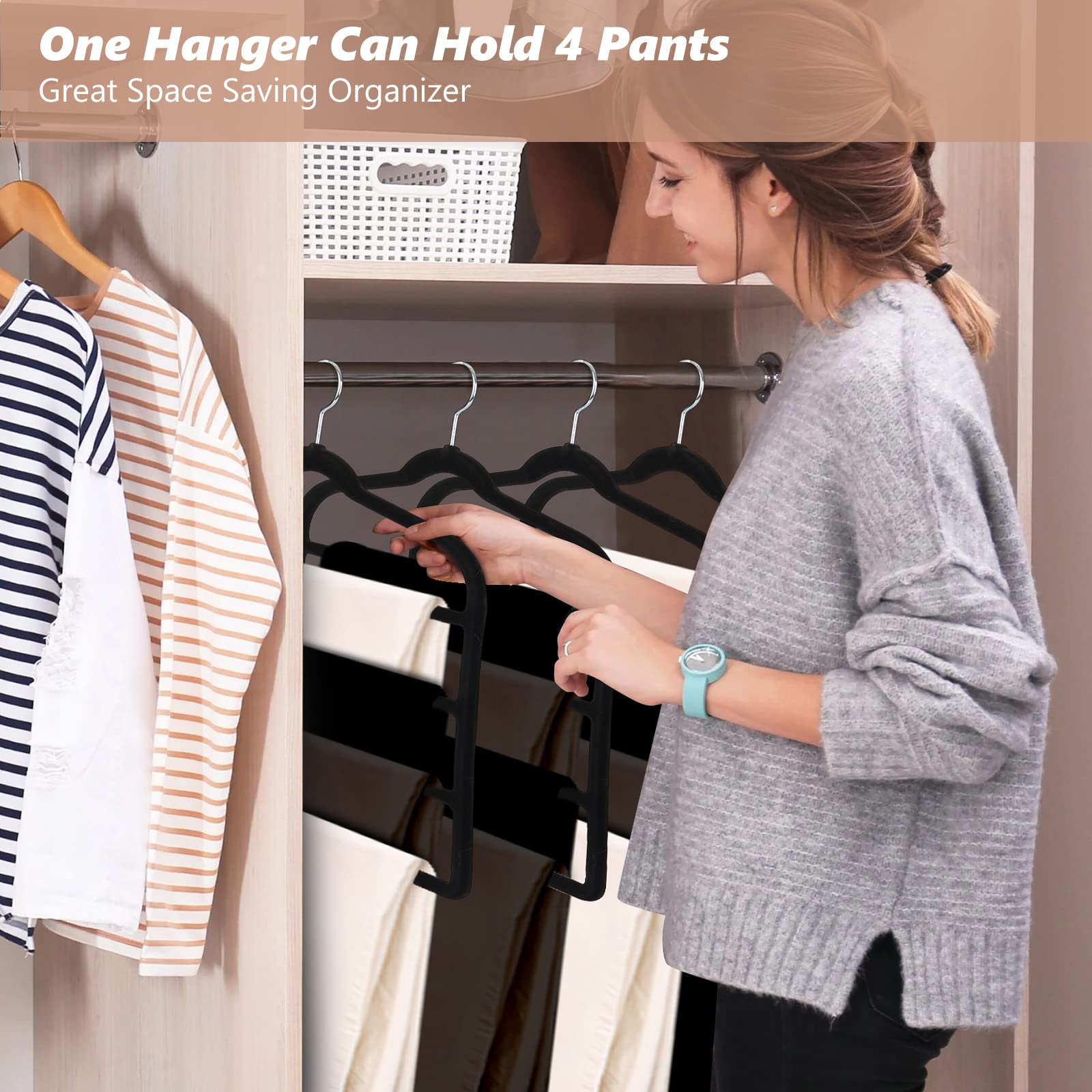 3 Pack Velvet Trouser Hangers - Space Saving, Non Slip for Jeans, Trousers, Leggings, Tie, Scarf and Towel - Multi Layer Pants Hanger for Clothes