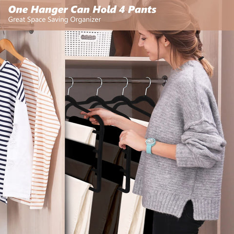 3 Pack Velvet Trouser Hangers - Space Saving, Non Slip for Jeans, Trousers, Leggings, Tie, Scarf and Towel - Multi Layer Pants Hanger for Clothes