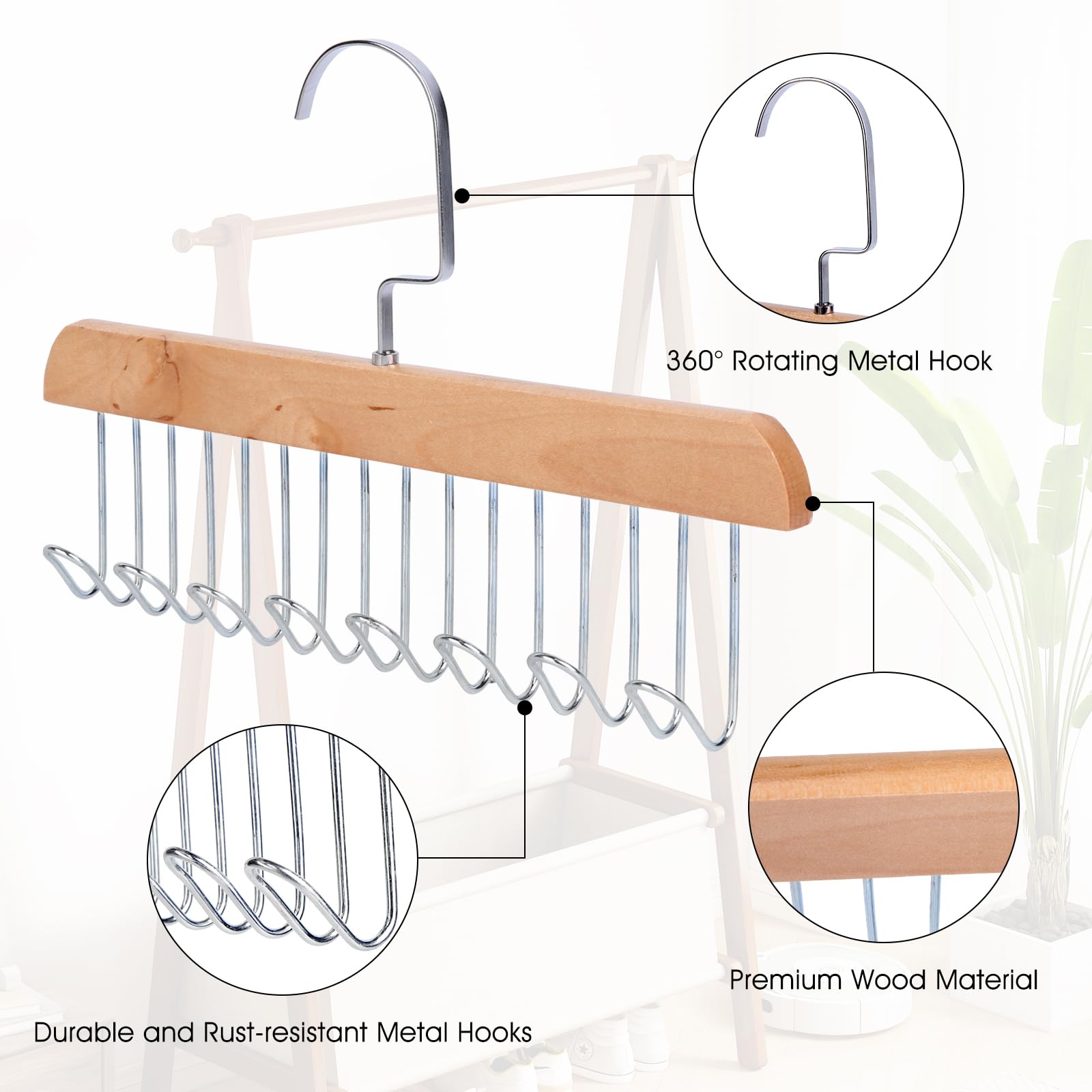 ICEBLUEOR 2 Pack Tie and Belt Hanger for Wardrobe - Anti-Slip Wooden Organiser With 8 Metal Hooks, 360° Rotating Space Saving Rack for Ties, Belts