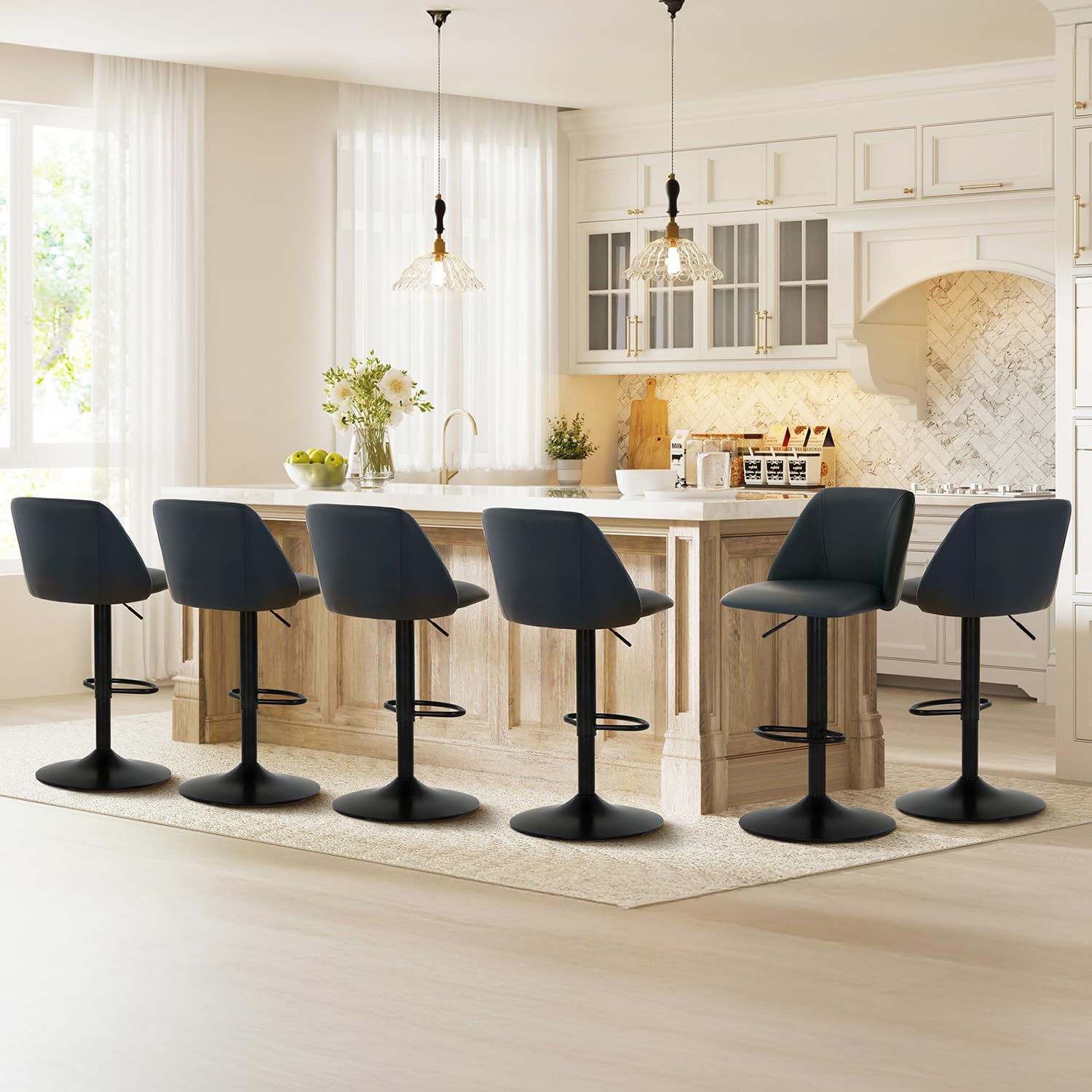 COLAMY Breakfast Bar Stools Set of 6, Modern Swivel Kitchen Stool, Adjustable Upholstered Barstools Counter Height with Square Open Back for Bar