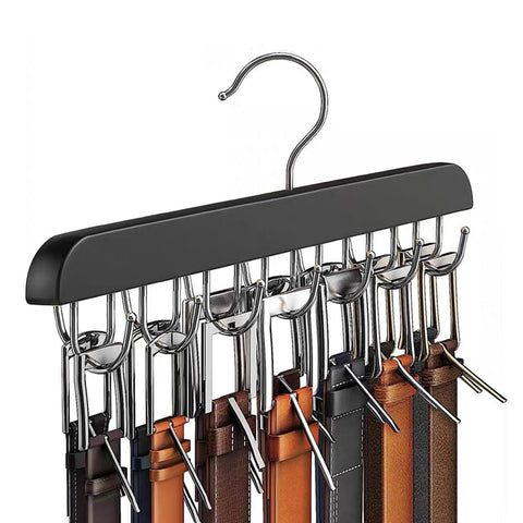 Tie Belt Rack, 1 Pack Belt Storage 360° Rotating Wooden Tie Holder Belt Hanger with 14 Hooks Hanger Hooks for Scarves, Ties, Belts, Wardrobe Organiser