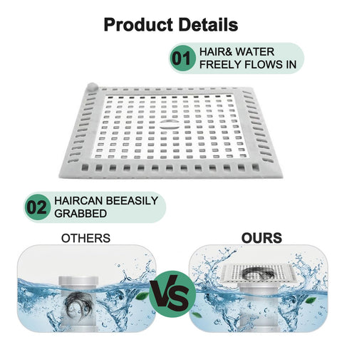 Shower Drain Cover Hair Catcher Square 12.3cm, 304 Stainless Steel Drain Protector with Silicone Edge, Prevents Clogged Drains