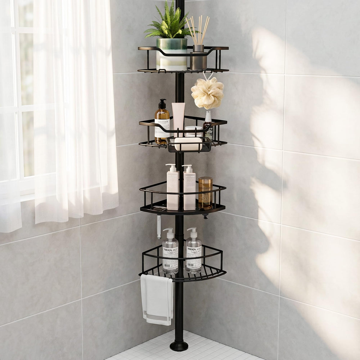 Purejoy Tension Pole Shower Caddy, 4 Tier Corner Shower Caddy with Soap Holder, Hooks & Towel Bar, Adjustable Telescopic Shower Shelves